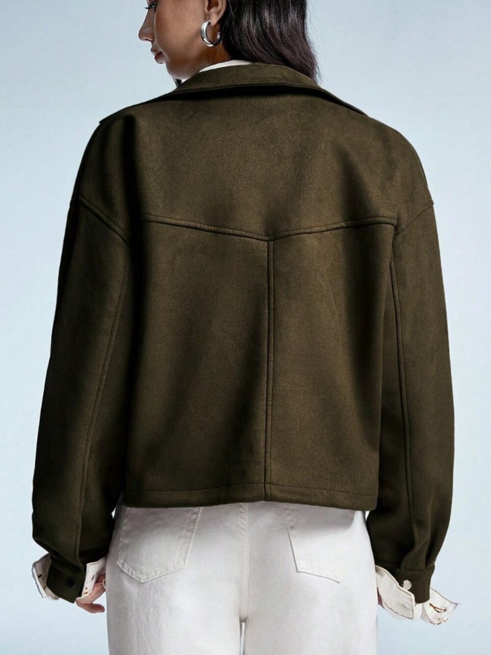 Army Green Casual Women's Suede Lapel Symmetrical Pocket Jacket - Picture 2 of 6